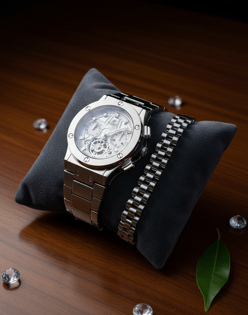 Hublot Silver Watch with Stainless Steel Bracelet – Luxury Classic Timepiece