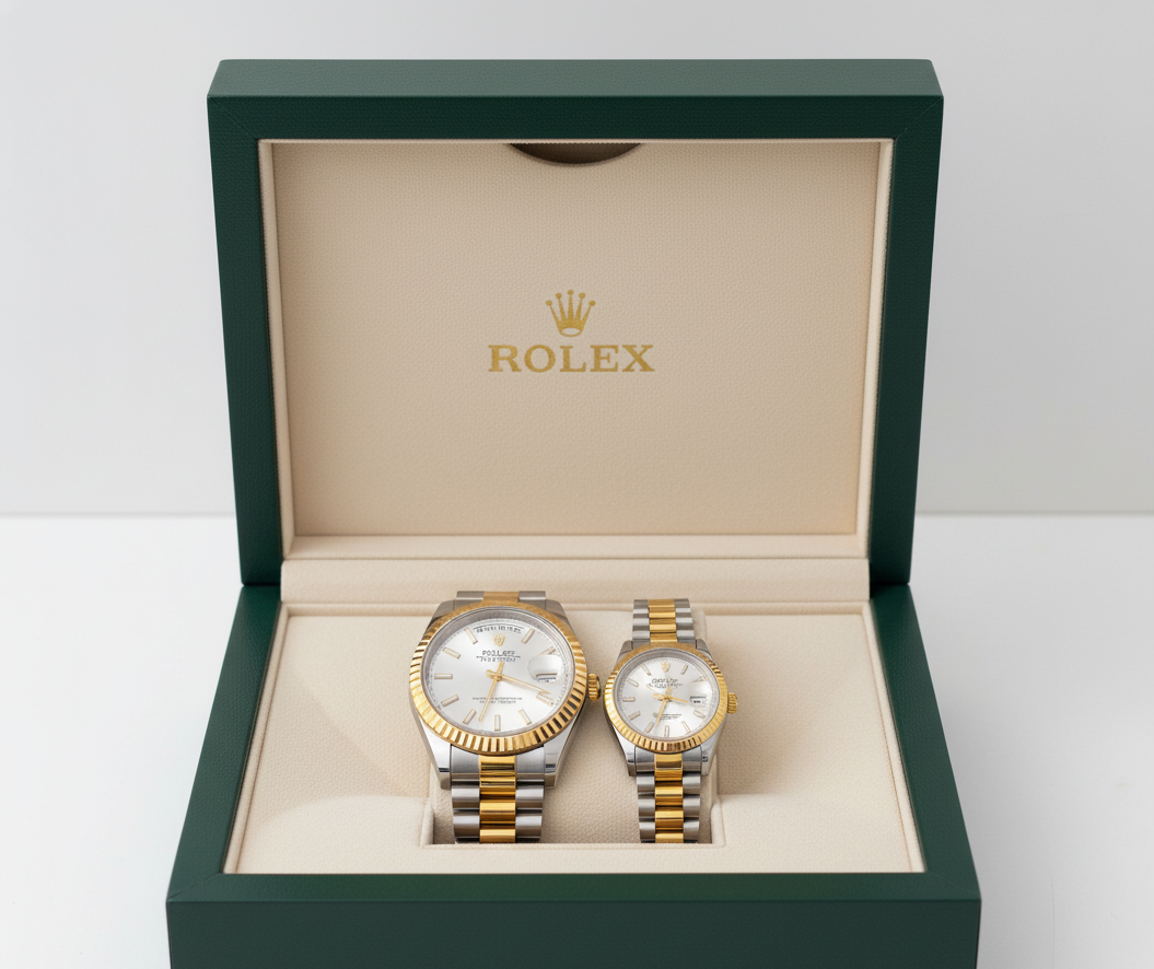 RLX Pair Golden & Silver Stainless Steel Watches – Luxury Couple Set