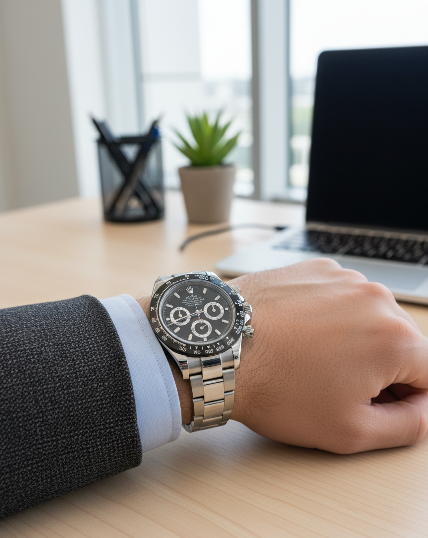 RLX Cosmograph Daytona Silver Watch with Black Dial – Luxury Stainless Steel Chronograph