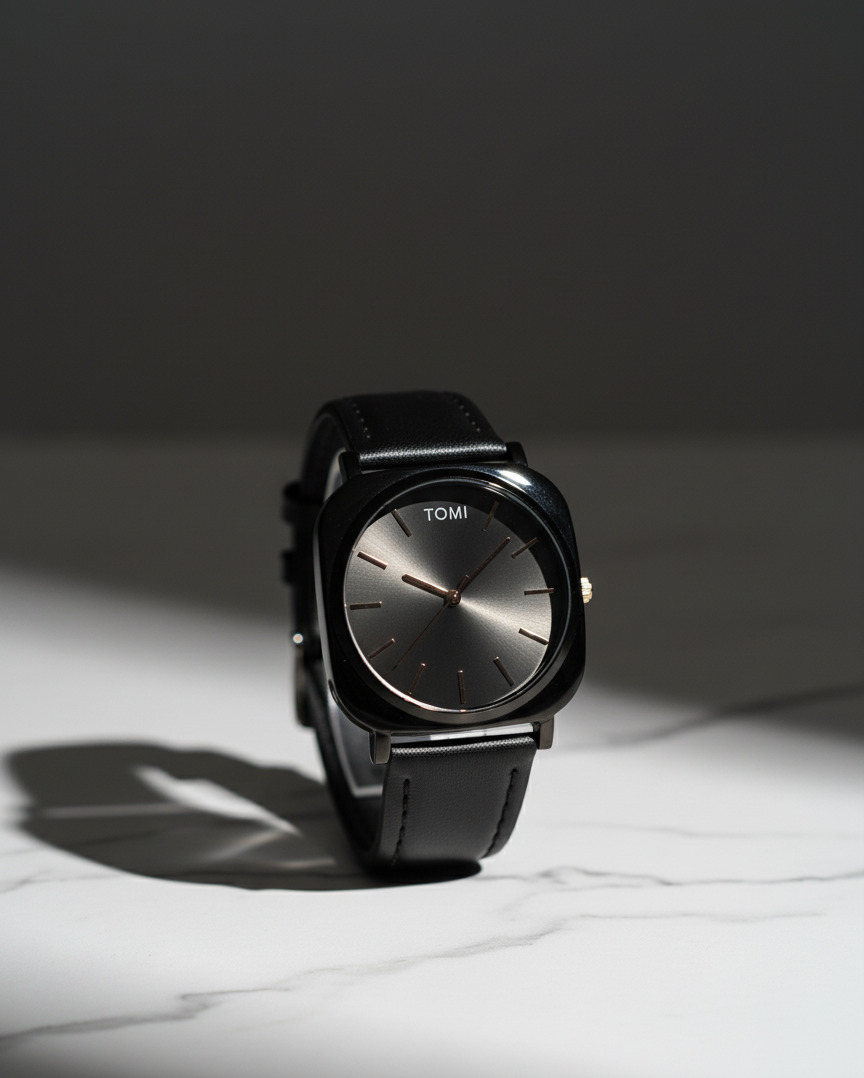 Tomi Elegant Black Dial Watch with Leather-Type Strap – Perfect for Formal Wear