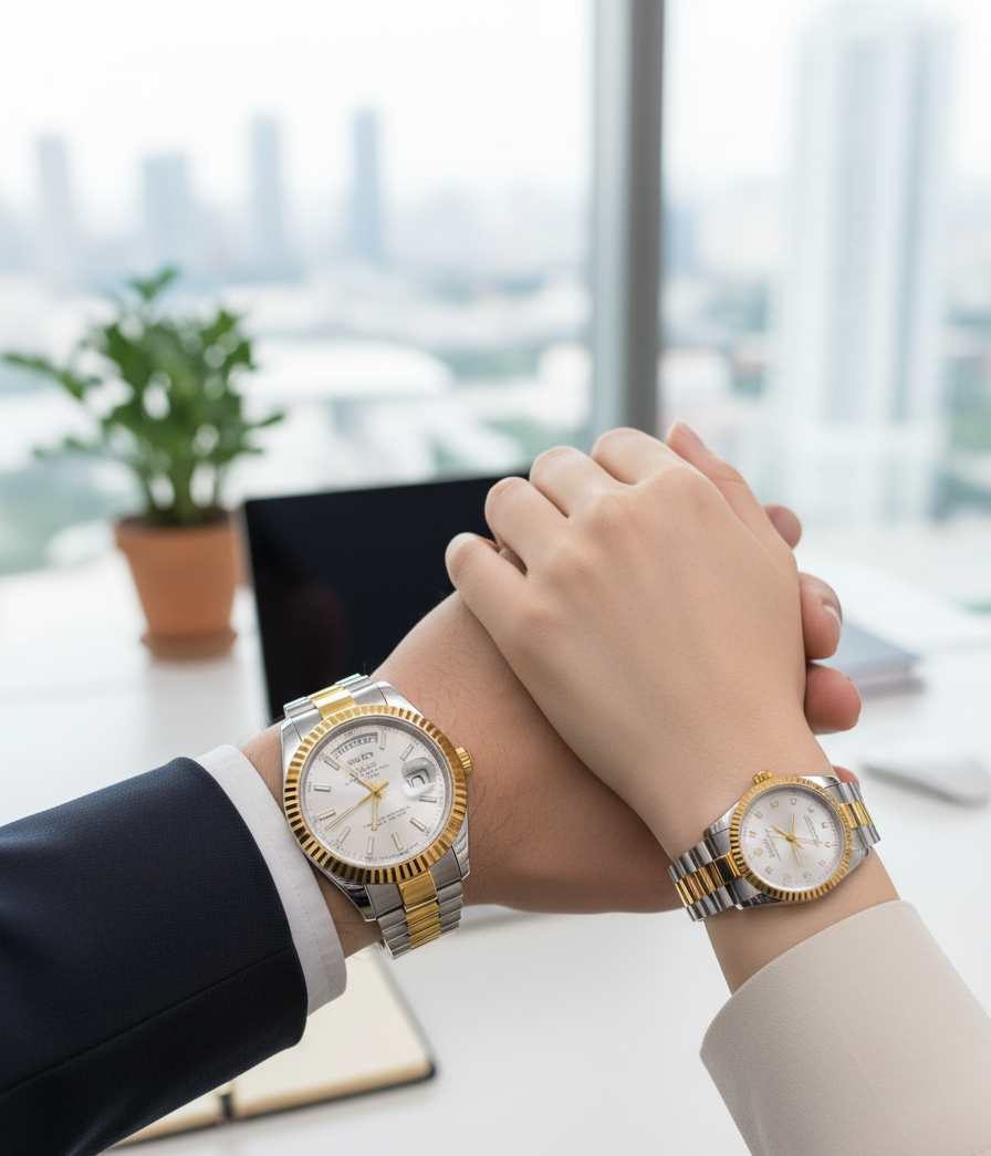 RLX Pair Golden & Silver Stainless Steel Watches – Luxury Couple Set