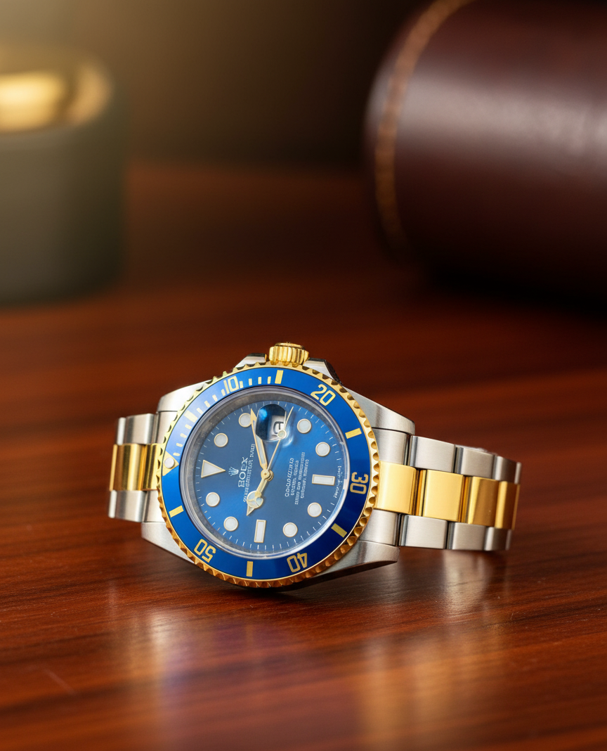 RLX Submariner Blue Dial – Silver &amp; Gold Stainless Steel Strap and Rotating Dial