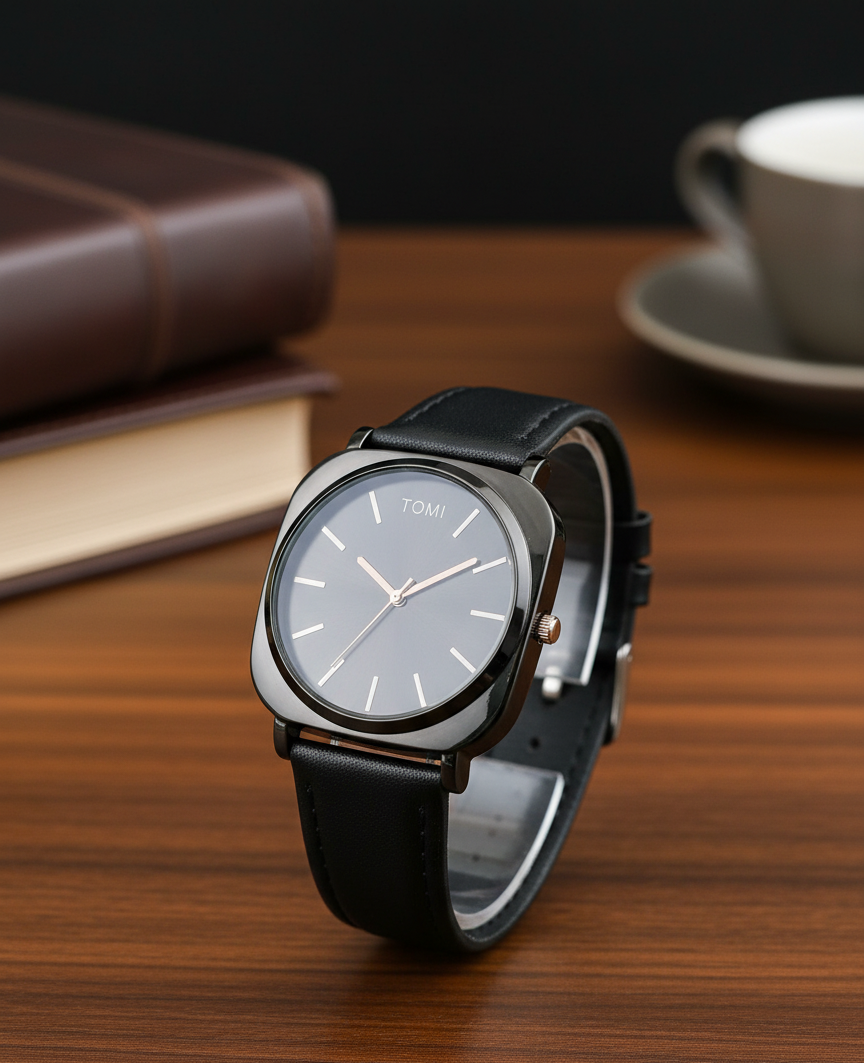 Tomi Elegant Black Dial Watch with Leather-Type Strap – Perfect for Formal Wear