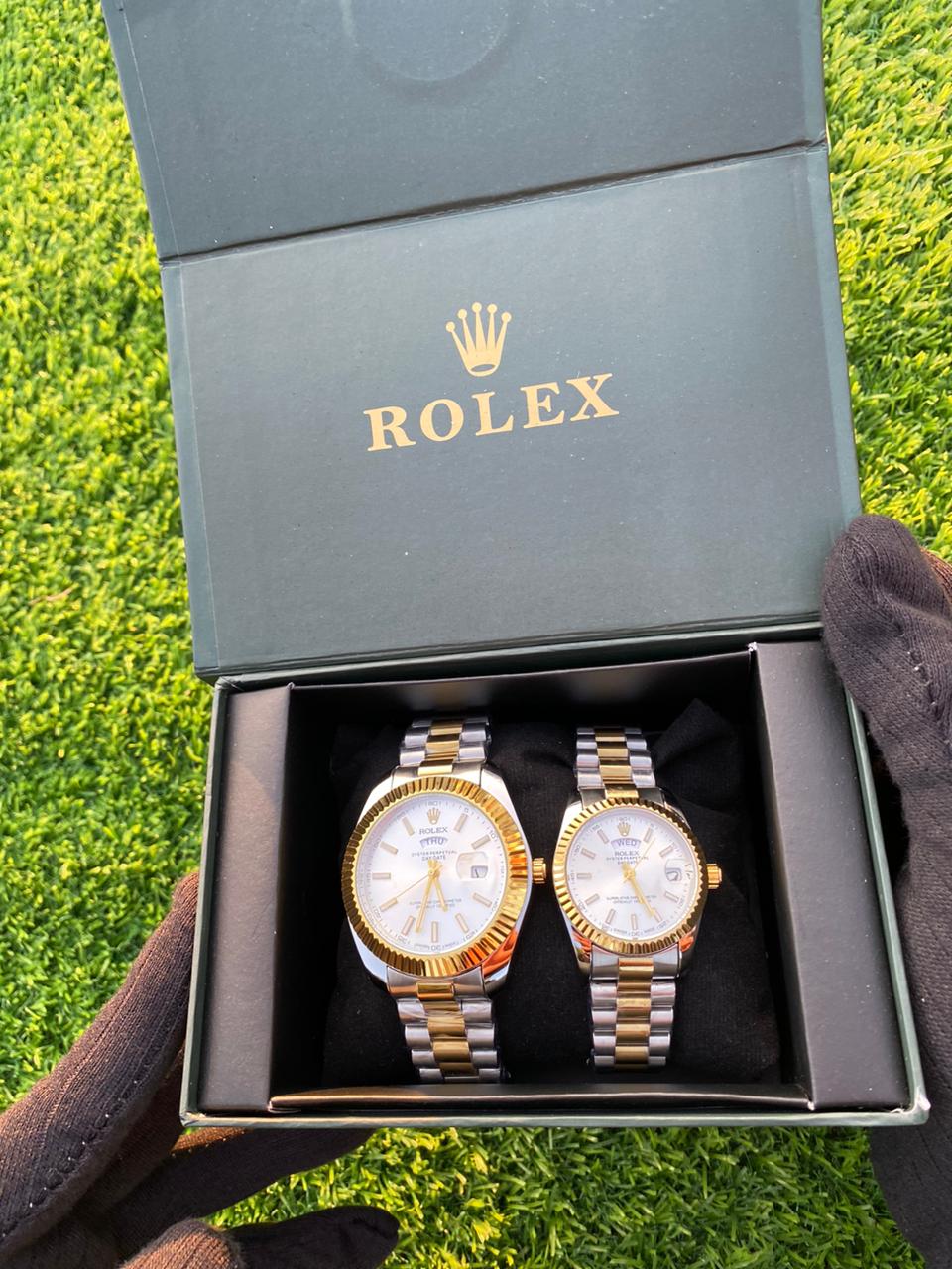 RLX Pair Golden & Silver Stainless Steel Watches – Luxury Couple Set